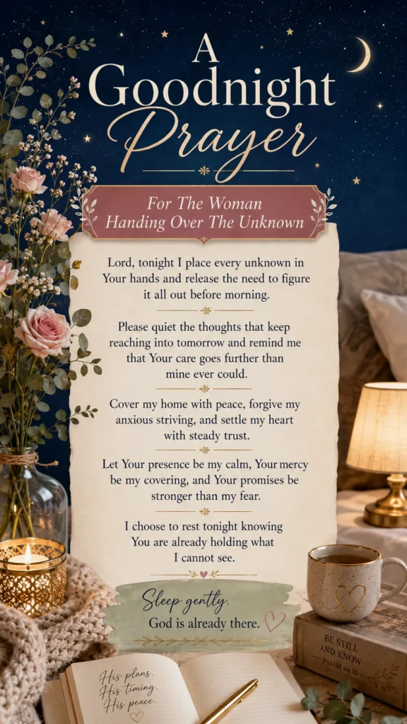 A dark blue goodnight prayer pin with roses, candlelight, journal, mug, and a prayer for handing over the unknown.