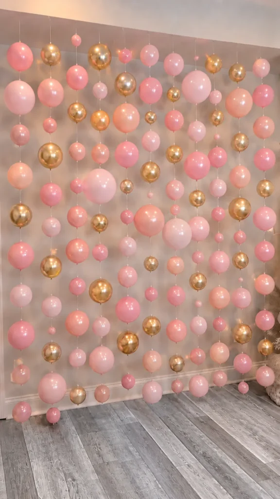 Pink and gold balloons hang in vertical rows from clear fishing line to create a floating balloon curtain against a neutral wall with gray-washed wood flooring.