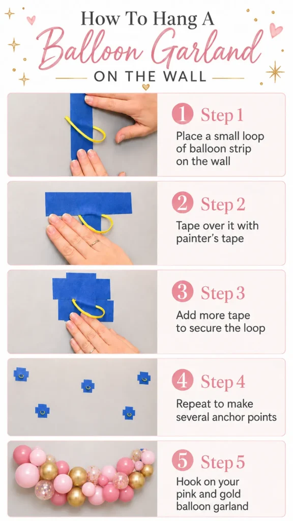 Step-by-step graphic showing how to tape a small balloon strip loop to the wall, create anchor points, and attach a pink and gold balloon garland.