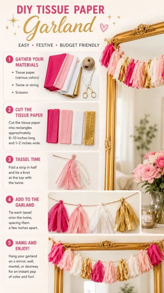 DIY tissue paper garland tutorial showing pink, white, and gold tissue paper tassels tied onto twine and hung across a gold-framed mirror.
