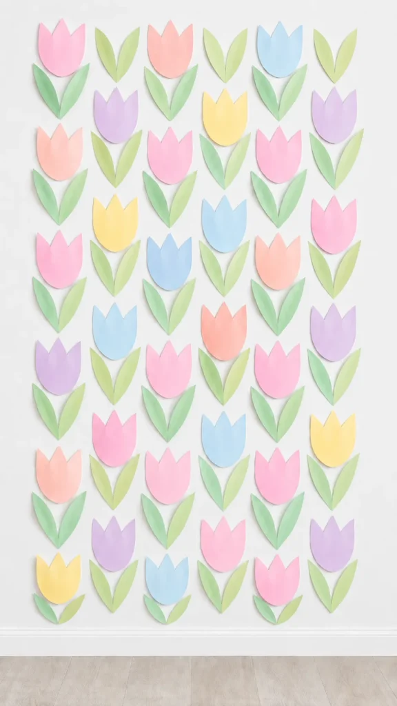 Pastel paper tulips in soft pink, yellow, blue, peach, and lavender are arranged on a white wall above light wood flooring for a cheerful party backdrop.
