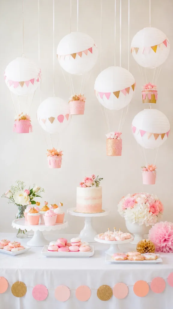 Pink and gold floating hot air balloon decorations hang above a dessert table with white paper lanterns, mini baskets, flowers, cake, and pastel party treats.