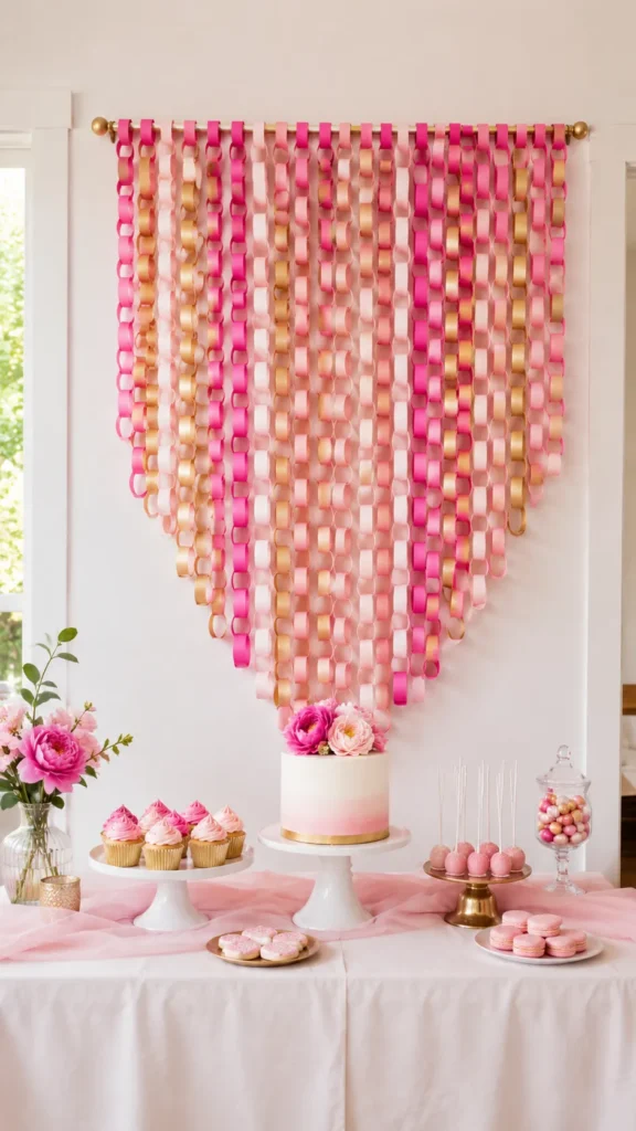 Pink, blush, white, and gold paper chains hang from a gold rod in a layered party backdrop above a dessert table with cake and pink treats.