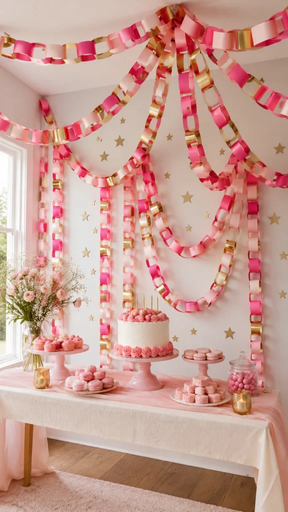 Pink, blush, and gold paper chains drape from the ceiling and walls above a styled dessert table with cake, flowers, macarons, and gold star accents.