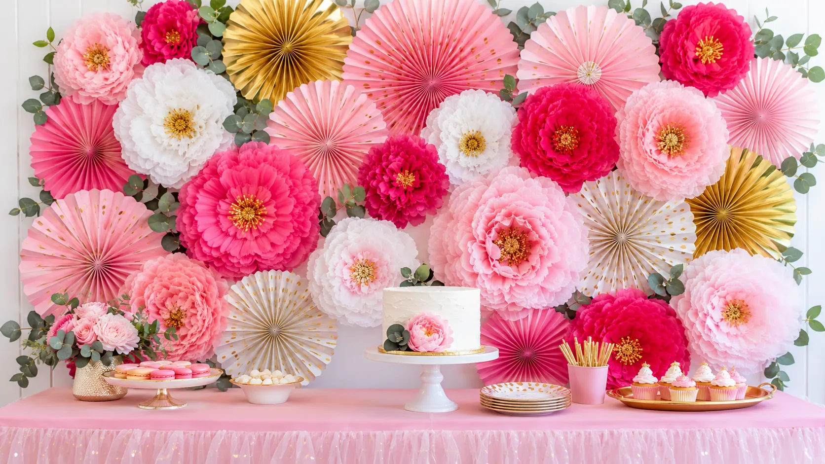Pink and gold party backdrop made with tissue paper flowers, paper fans, and faux greenery behind a styled dessert table with cake and party treats.