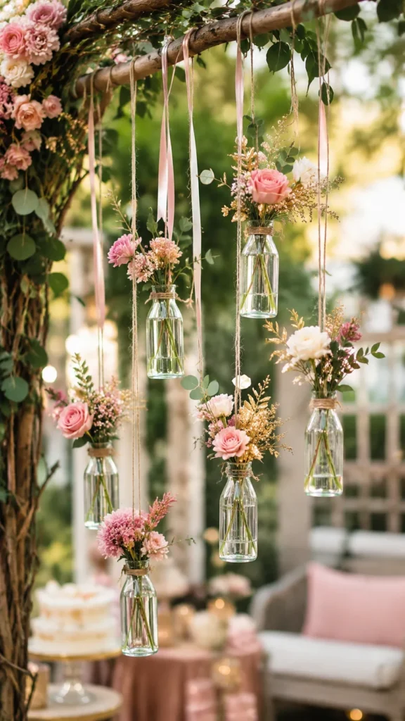 Glass bottles filled with pink, white, and gold floral arrangements hang from twine and ribbon on a garden arch for an outdoor party decoration.