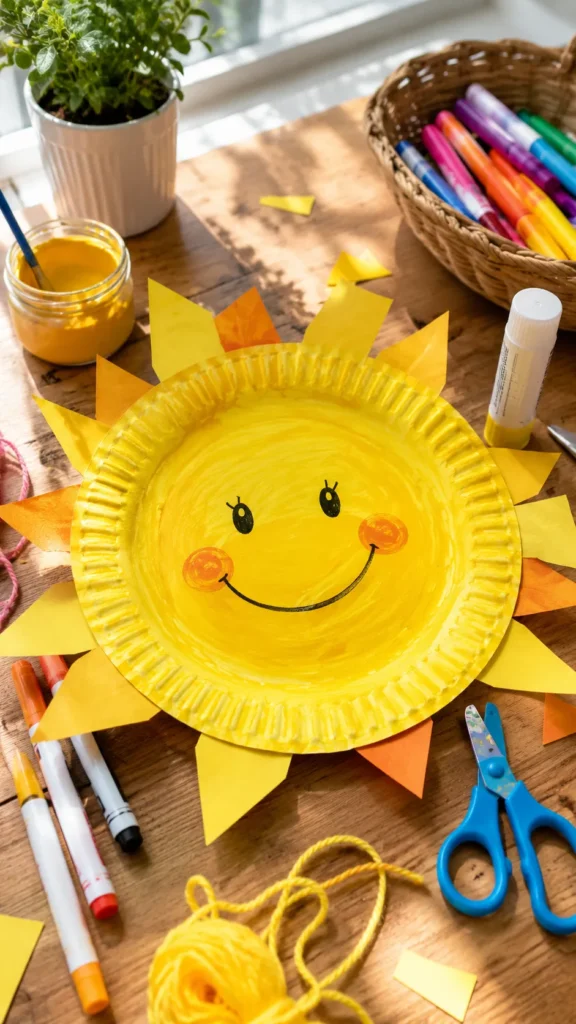 sunshine paper plate craft, yellow, smiling face