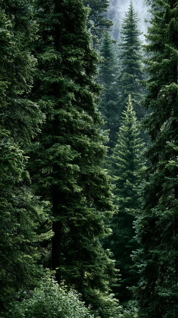 Hyper-realistic vertical phone wallpaper of a dark evergreen forest, deep green pine trees, soft moody light, subtle fog, clean center space for phone icons, no people, no animals, no buildings, no words, no text