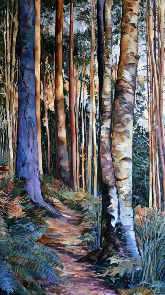 a painting of trees in a forest