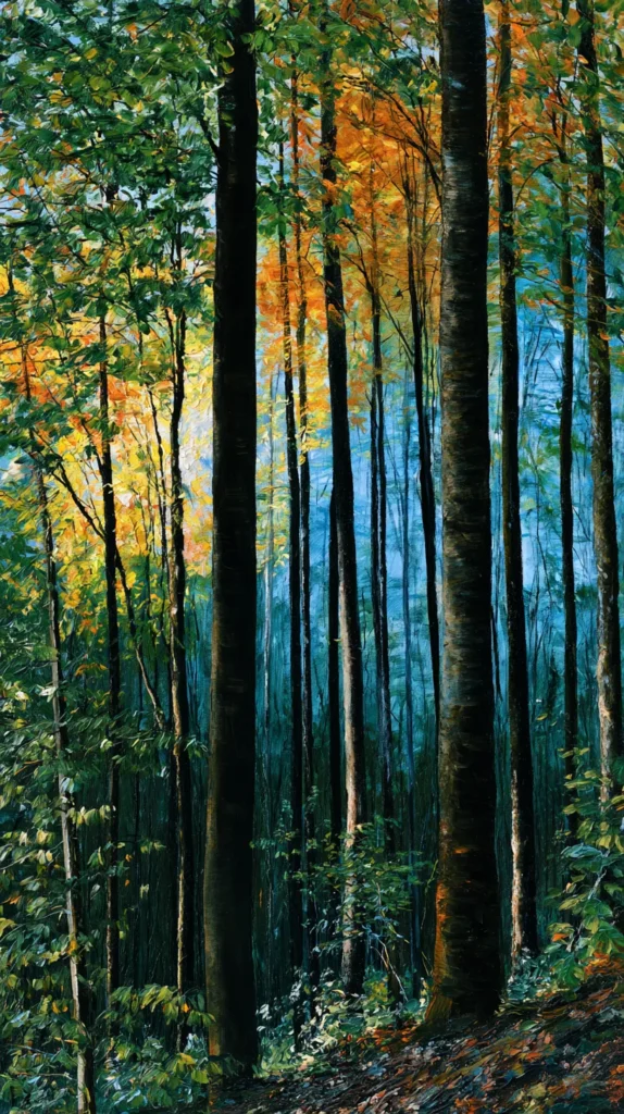 a painting of trees in a forest