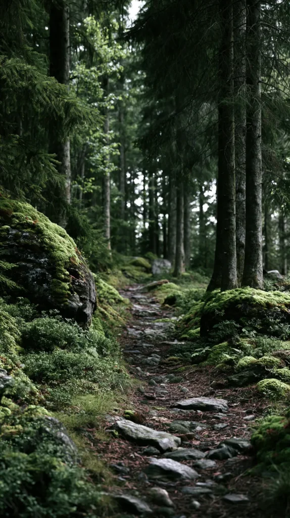 Hyper-realistic vertical phone wallpaper of a peaceful forest path lined with tall trees, soft mossy greens, muted earthy tones, clean simple depth, no people, no animals, no buildings, no words, no text