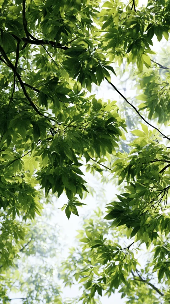 Hyper-realistic vertical phone wallpaper of leafy tree canopy viewed from below, soft sunlight filtering through green leaves, airy natural texture, simple bright background, no people, no animals, no buildings, no words, no text