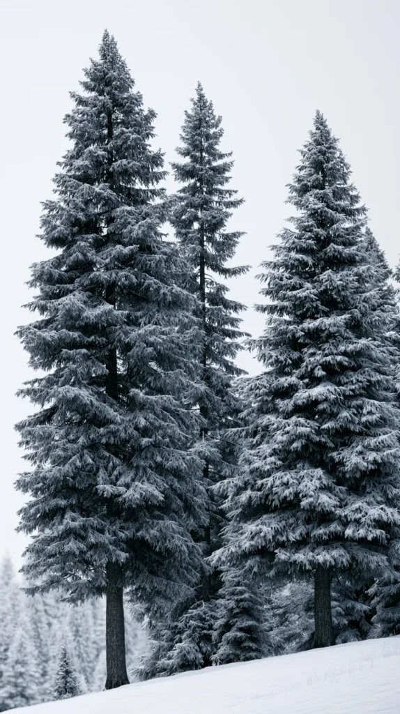 Hyper-realistic vertical phone wallpaper of snow-dusted pine trees, soft winter light, pale gray sky, clean minimal forest scene, calm and quiet mood, no people, no animals, no buildings, no words, no text