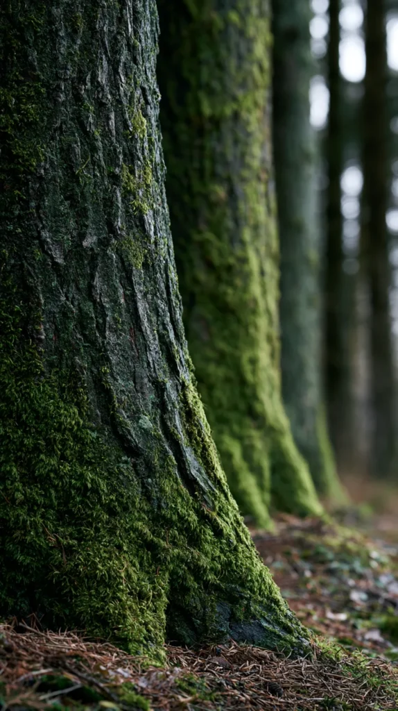 Hyper-realistic vertical phone wallpaper of moss-covered tree trunks in a soft woodland scene, muted green and brown tones, shallow depth of field, simple earthy texture, no people, no animals, no buildings, no words, no text