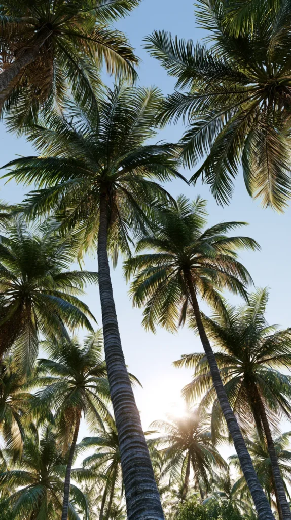 Hyper-realistic vertical phone wallpaper of tall palm trees swaying against a soft blue sky, bright summer light, lush green fronds, clean tropical composition, airy and relaxed mood, no people, no animals, no buildings, no words, no text