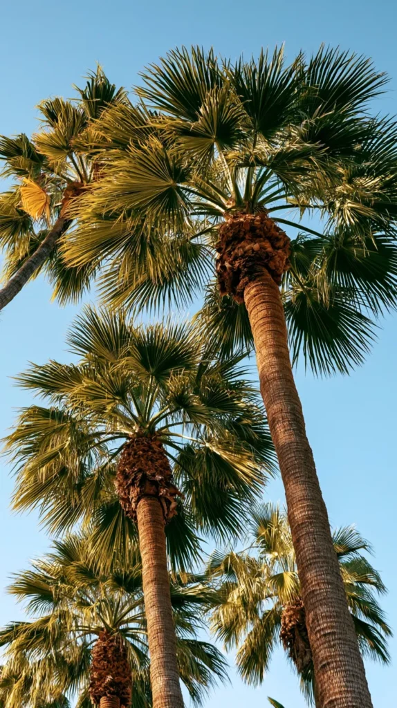 Hyper-realistic vertical phone wallpaper of tall palm trees swaying against a soft blue sky, bright summer light, lush green fronds, clean tropical composition, airy and relaxed mood, no people, no animals, no buildings, no words, no text