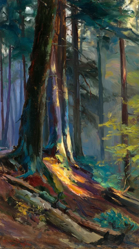a painting of trees in a forest, background, wallpaper