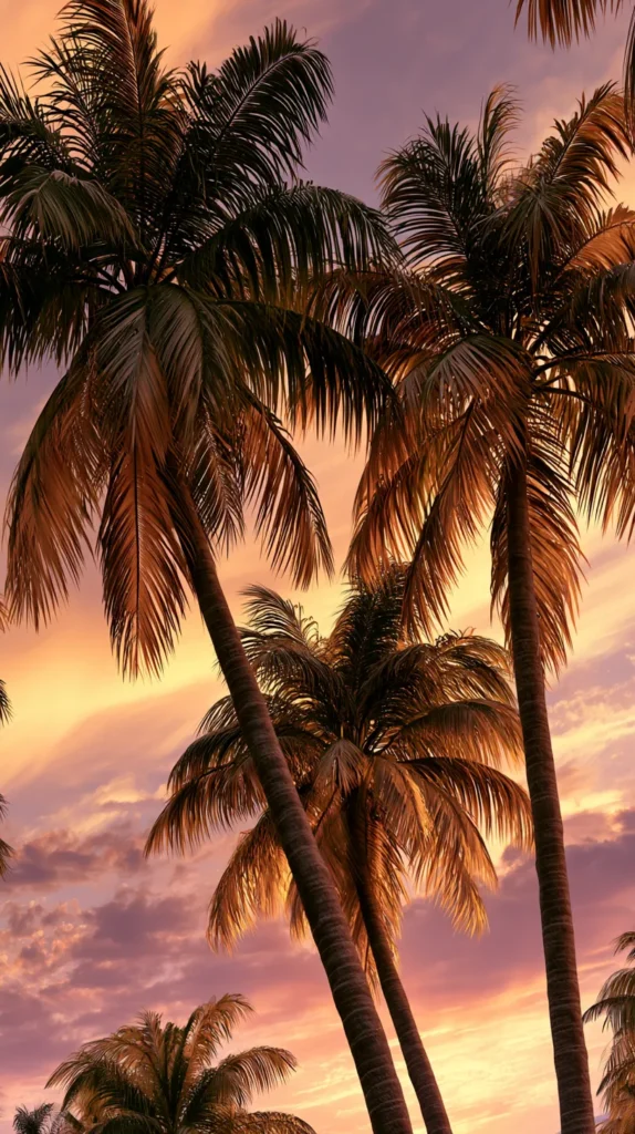 Hyper-realistic vertical phone wallpaper of tall palm trees at sunset, glowing golden and peach, pink, purple sky, warm tropical light, lush green fronds in soft silhouette, clean simple composition, airy relaxed summer mood, no people, no animals, no buildings, no words, no text