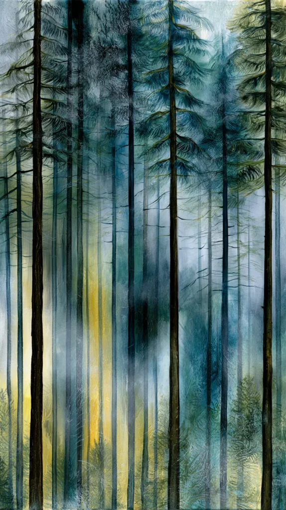 Abstract forest with their dreamy moody natural hues, tree forest painting