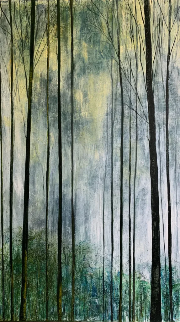 realistic Abstract forest with their dreamy moody natural hues, tree forest painting