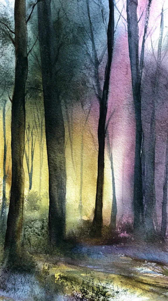 realistic Abstract watercolor forest with their dreamy moody natural hues, tree forest painting