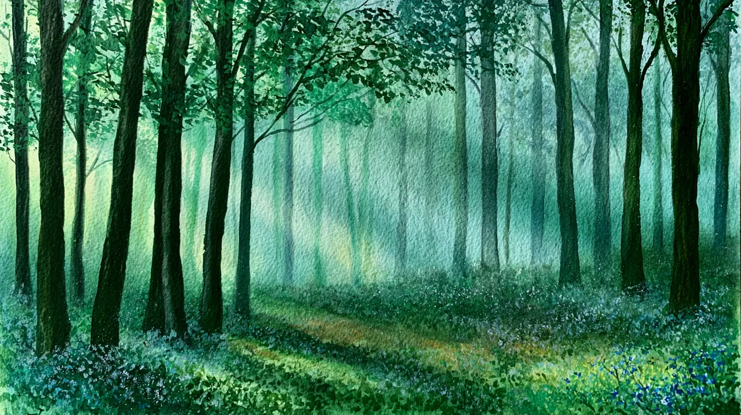 realistic hand-painted watercolor forest with their dreamy moody natural hues, tree forest painting