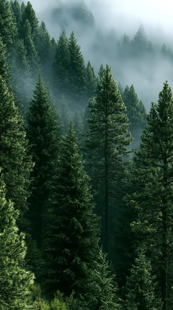 Hyper-realistic vertical phone wallpaper of a quiet misty pine forest, soft green tones, gentle morning fog, simple clean composition, open space near the top, no people, no animals, no buildings, no words, no text
