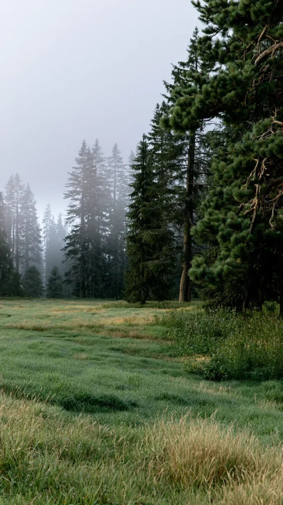 Hyper-realistic vertical phone wallpaper of a quiet misty pine forest, soft green tones, gentle morning fog, simple clean composition, open space near the top, no people, no animals, no buildings