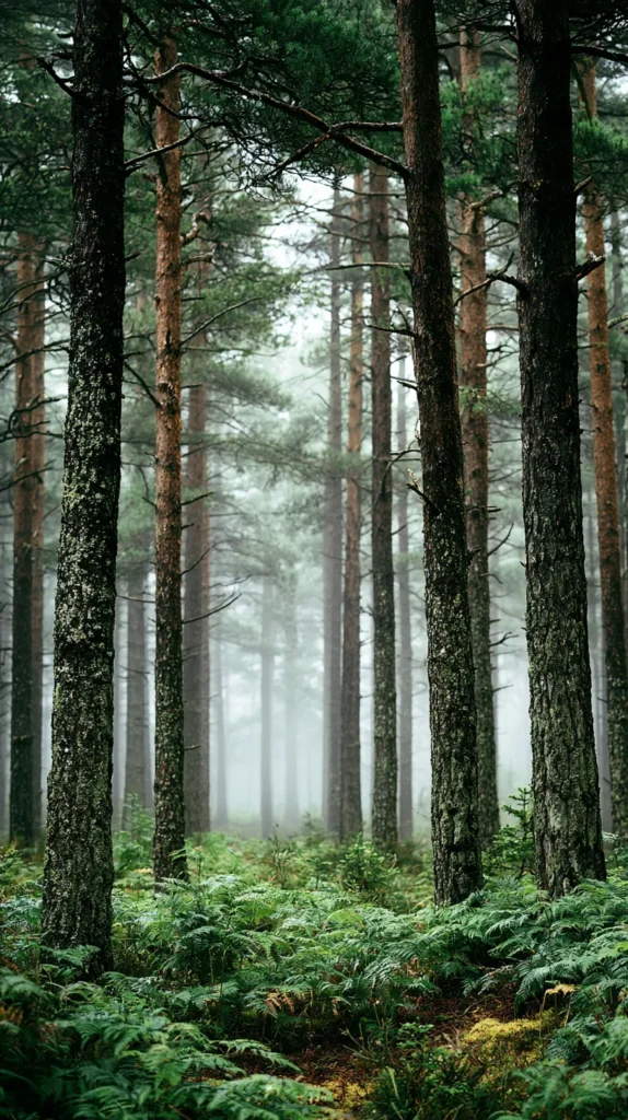 Hyper-realistic vertical phone wallpaper of a quiet misty pine forest, soft green tones, gentle morning fog, simple clean composition, open space near the top, no people, no animals, no buildings, no words, no text