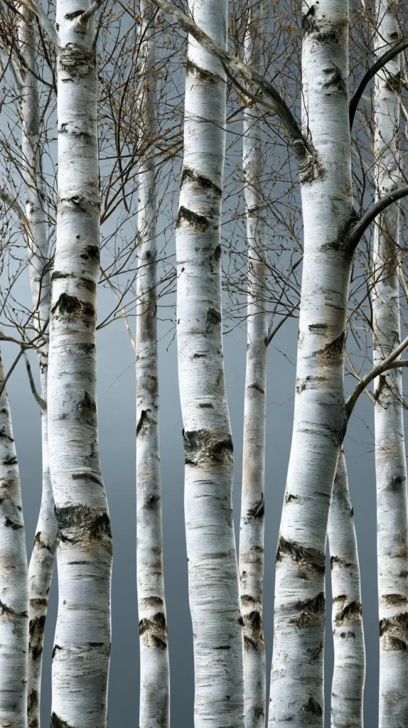 Hyper-realistic vertical phone wallpaper of tall birch trees with pale white bark, soft gray background, airy woodland light, minimal details, calm natural texture, no people, no animals, no buildings, no words, no text