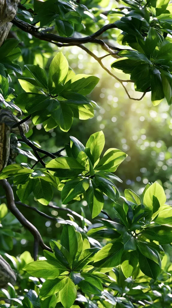 Hyper-realistic vertical phone wallpaper of sunlit tree branches with fresh green leaves, bright soft lighting, clean natural background, delicate shadows, simple peaceful composition, no people, no animals, no buildings, no words, no text
