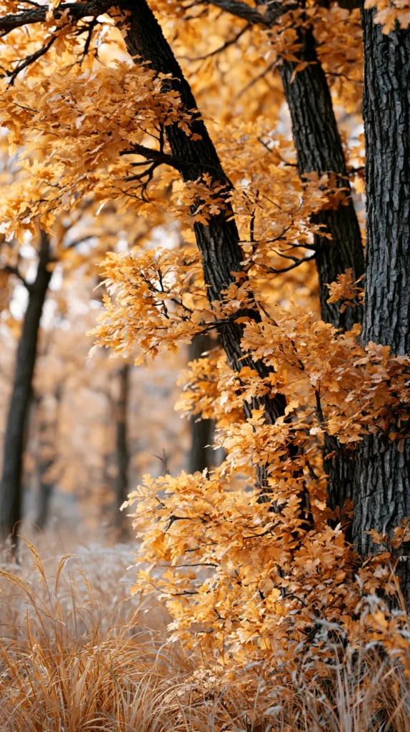 Hyper-realistic vertical phone wallpaper of golden autumn trees, warm amber leaves, soft blurred forest background, simple cozy composition, gentle natural light, no people, no animals, no buildings, no words, no text