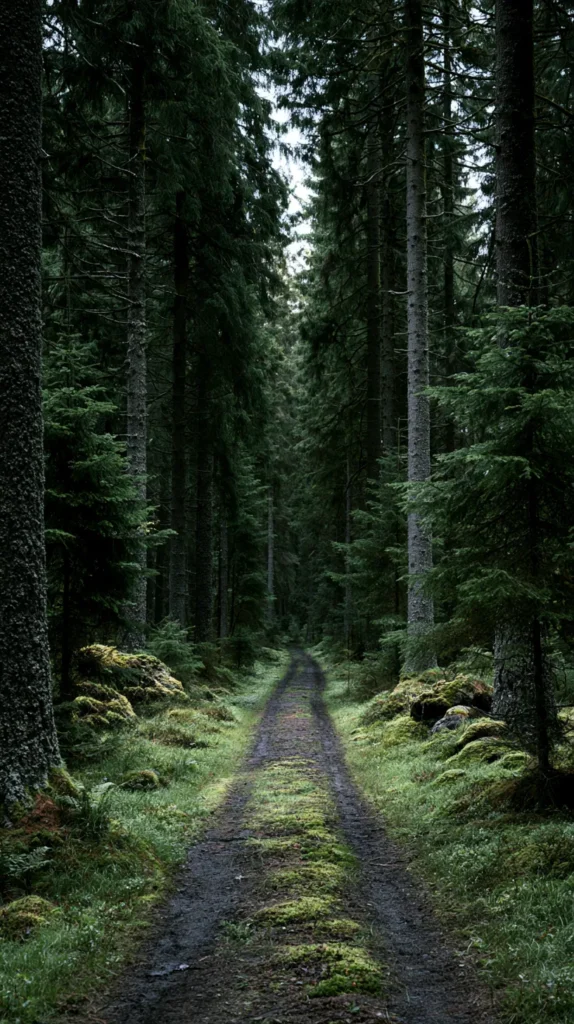 Hyper-realistic vertical phone wallpaper of a peaceful forest path lined with tall trees, soft mossy greens, muted earthy tones, clean simple depth, no people, no animals, no buildings, no words, no text
