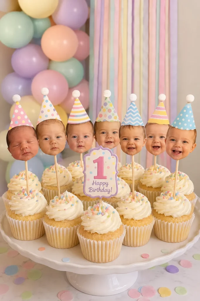 Cupcake tower with baby face toppers wearing colorful party hats, center "1 Happy Birthday" sign, pastel balloons and striped backdrop behind