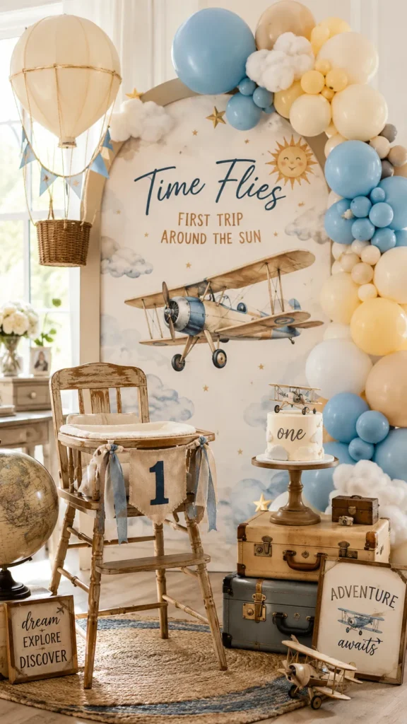 Vintage airplane-themed first birthday party setup with hot air balloon, wooden high chair decorated with "1," vintage suitcases, and blue and cream balloon garland
