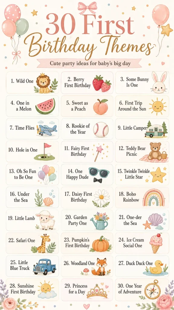 Colorful infographic showing 30 first birthday party themes with cute icons like wild lion, berries, bunny, and rainbow for baby's celebration ideas