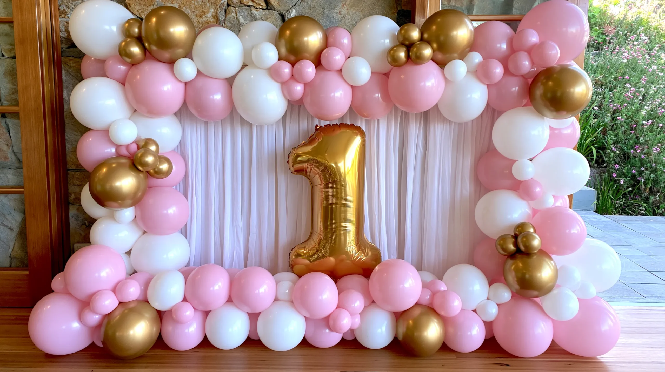 Organic balloon arch with pink, white, and gold balloons framing a large gold number 1 balloon in front of a white striped backdrop