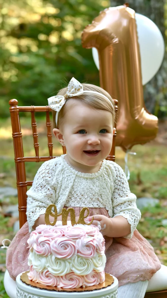Smiling toddler in cream knit sweater and pink tulle skirt wearing gold bow headband, sitting in wooden chair with pink and white frosted cake and gold number one balloon behind her
