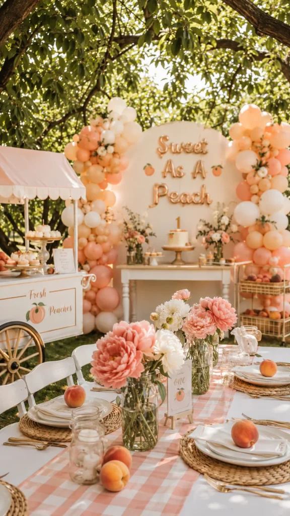 Outdoor peach-themed first birthday party setup with "Sweet As A Peach" backdrop, balloon garland, pink peonies in glass vases, gingham table runner, and fresh peaches as table scatter