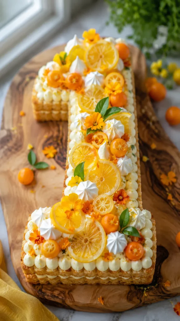 Long rectangular cake decorated with whipped cream piping, candied lemon slices, fresh berries, and edible flowers on wooden board