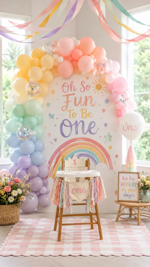 Colorful first birthday party setup with rainbow balloon arch, "Oh So Fun to Be One" backdrop, high chair decorated with fringe, and rainbow streamers overhead