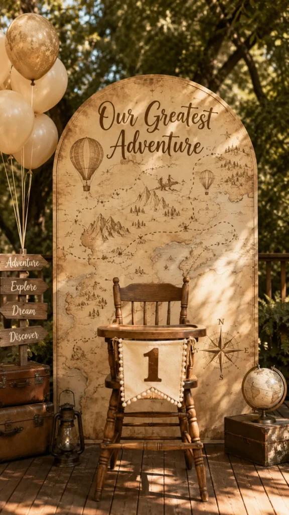 Vintage-themed first birthday setup with arched backdrop featuring "Our Greatest Adventure" map design, wooden chair with number 1 banner, globe, lantern, and cream balloons under dappled tree shade