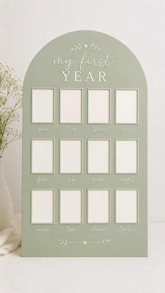 Sage green arch-shaped photo milestone board with "my first year" text and twelve empty frames labeled one through twelve, surrounded by dried baby's breath flowers