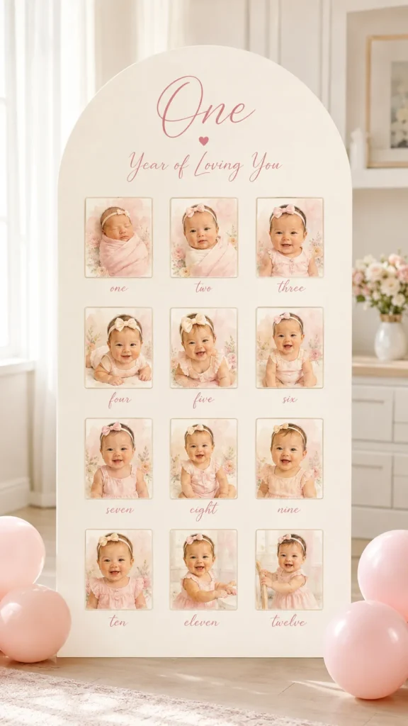 Cream arch display showing 12 monthly photos of a smiling baby girl in pink outfits, labeled one through twelve, surrounded by pink balloons in a bright nursery