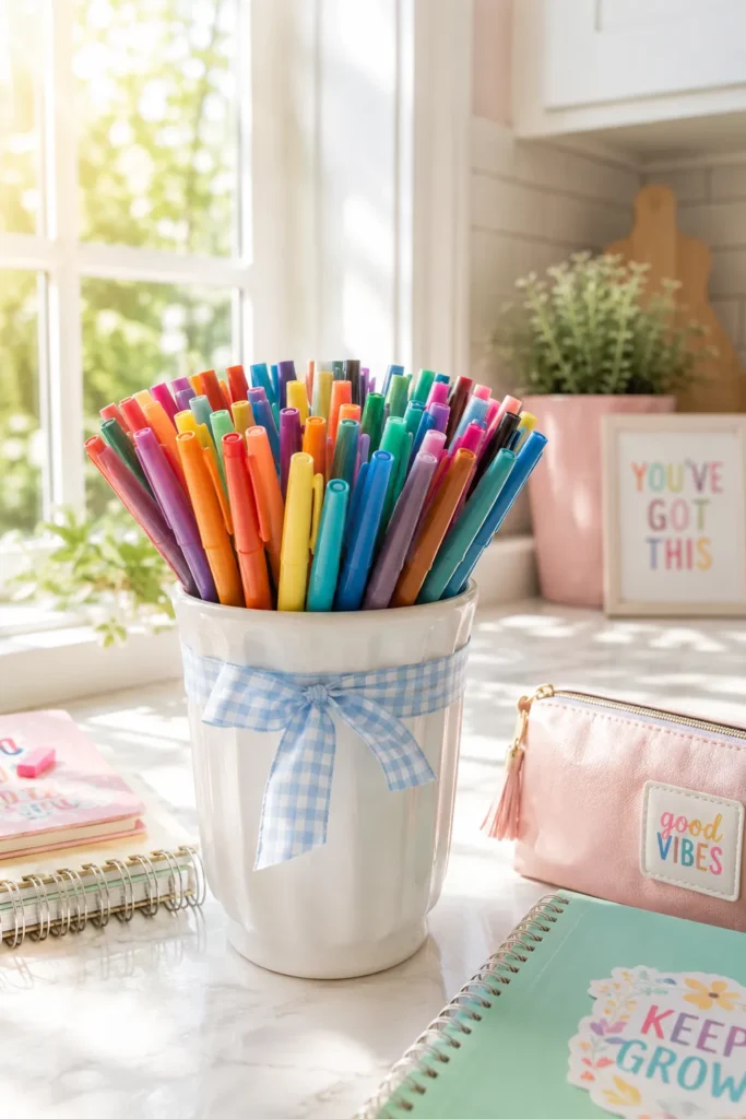 Rainbow markers in white ceramic cup with blue gingham bow, surrounded by motivational notepads and pouches on sunny desk by window