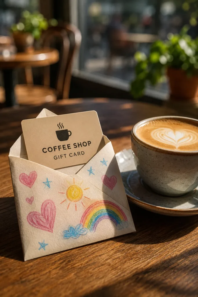 Coffee shop gift card in a decorated envelope with hearts and rainbow sitting on wooden table next to latte with latte art