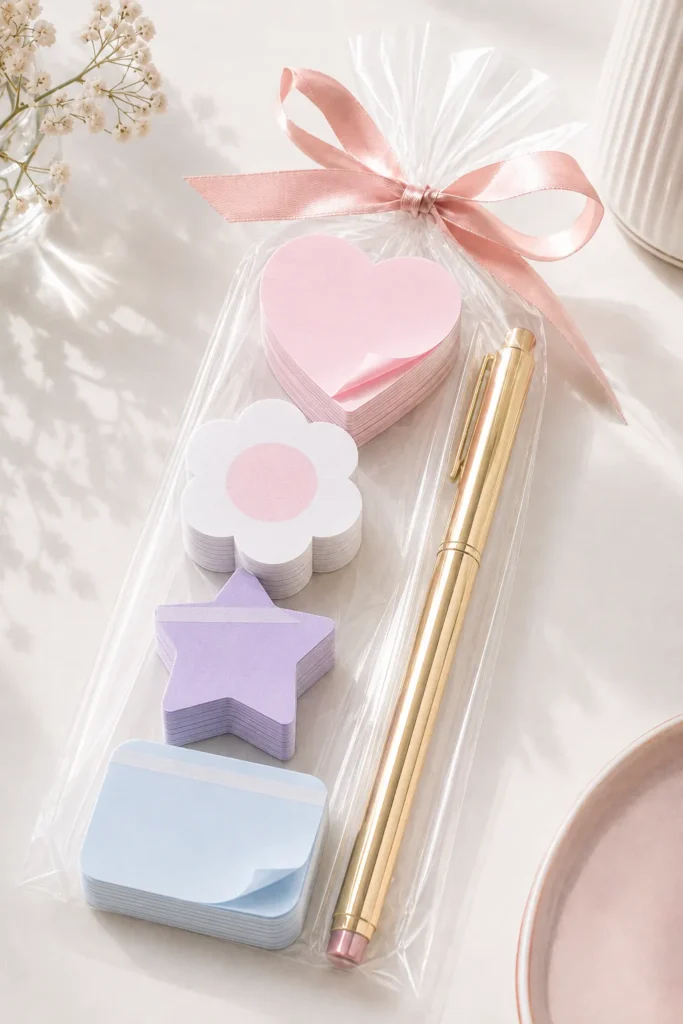Colorful sticky note set with pink heart, white flower, purple star, and blue rounded rectangle shapes in clear cellophane bag tied with pink ribbon, alongside gold pen and dried baby's breath
