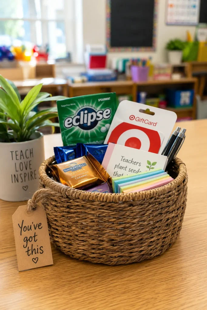 Woven basket filled with teacher appreciation gifts including Eclipse gum, Target gift card, black pens, sticky notes, and a mug reading "Teach Love Inspire" on classroom desk
