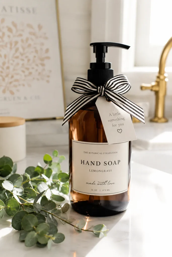 Amber glass hand soap bottle with black pump and striped ribbon bow on white marble bathroom counter surrounded by eucalyptus sprigs and gold faucet