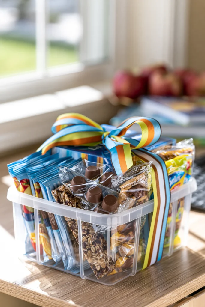 Clear plastic gift basket tied with blue, yellow, and orange ribbon, filled with chocolate treats and snack packages on a sunny kitchen counter near a window
